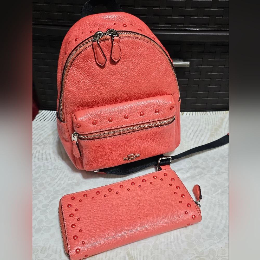 Coach Charlie Mini Coral Leather Backpack & Matching Wallet Studs F45070 Silver - Picture 6 of 14